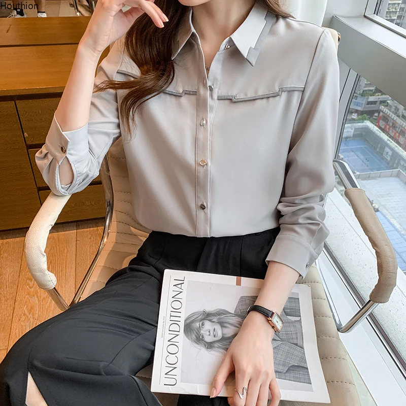 

Summer Shirt Women Blouse Long Sleeve Solid Color Poplin Top Stitching Casual Fashion Loose Clothing