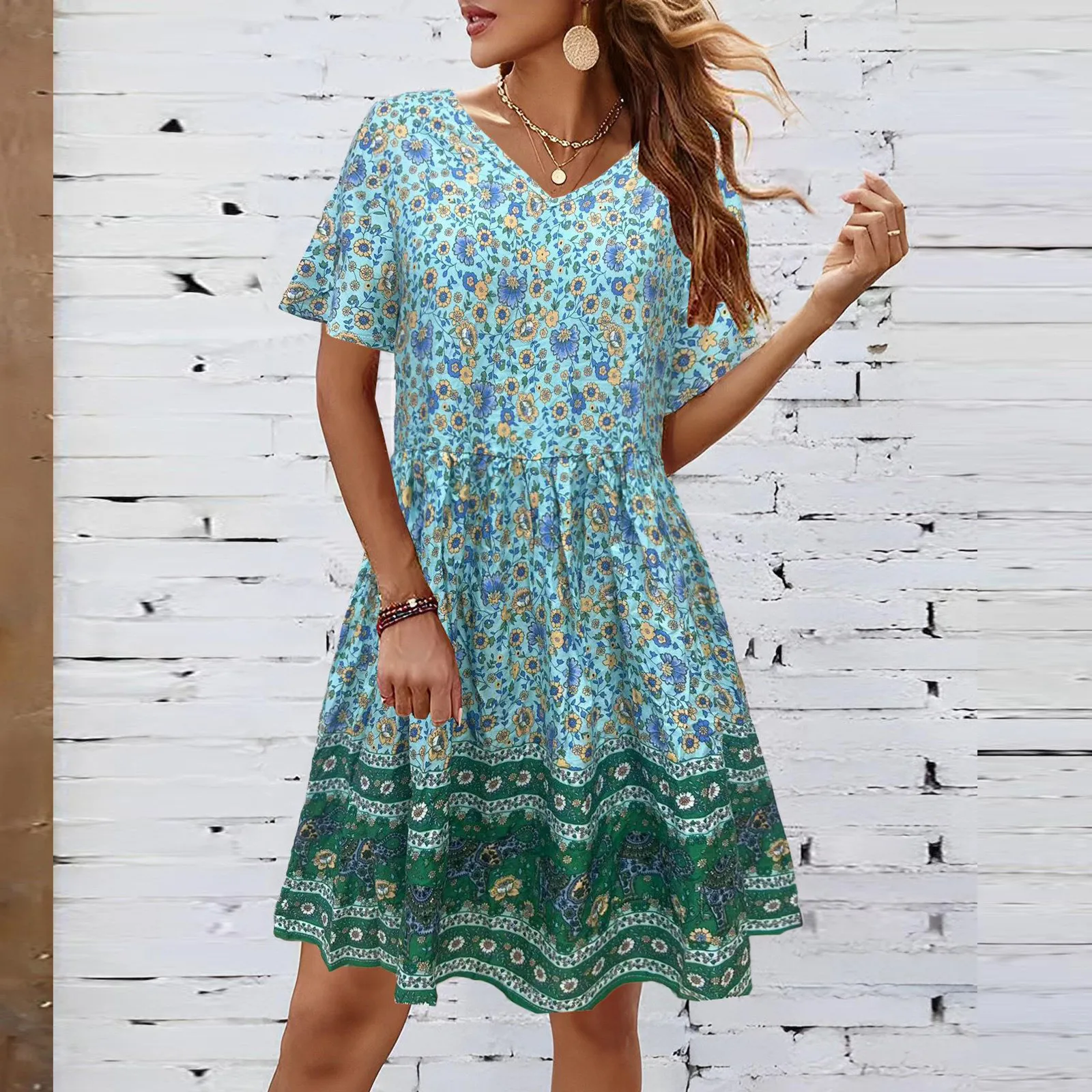 

Boho Print Beach Mini Dresses For Women Summer Short Sleeve V Neck Floral Print Holiday Sundress Vintage Loose Casual Vestidos
