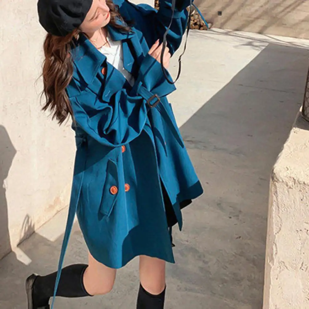 

Charming Women Jacket Buckle Cuffs British Style Soft Simple Mid-Length Pure Color Windbreaker Coat Cardigan Coat Versatile