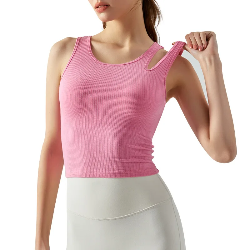 Spring SummerYoga Top Cropped Hollowed Shoulder Strap Sports Underwear Loose Running Quick-drying Fitness Vest with Chest Pad