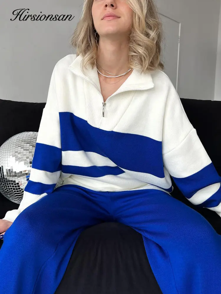 

Hirsionsan 2023 Elegant Knitted Sweaters Suit Women Winter Loose Zip Collar Two Piece Sets Ladies Wide Pants Knitwear Tracksuits