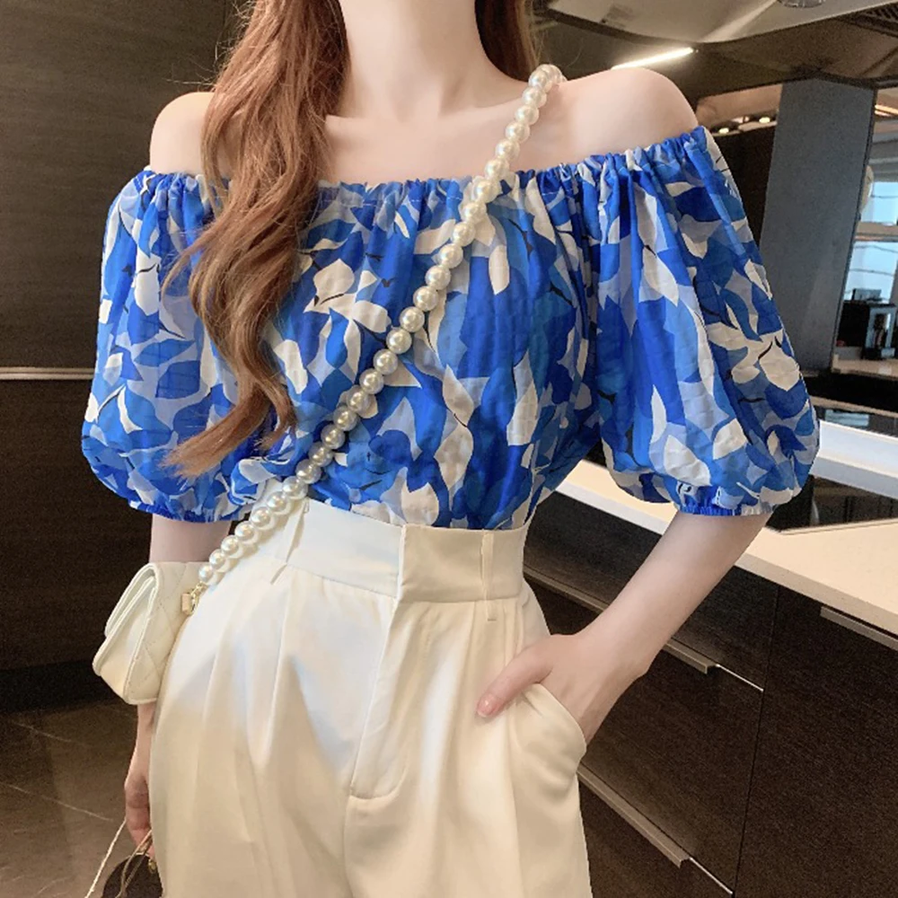 

Slash Neck Chiffon Floral Women Blouse Summer New 2022 Puff Sleeved Loose Elegant Female Pulls Outwear Tops