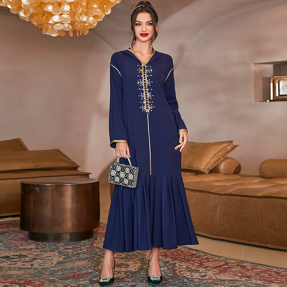 Темно-синее арабское модное Плиссированное Элегантное Длинное платье с бисером, новинка 2022, модные платья Рамадан, мусульманская абайя Дуб...