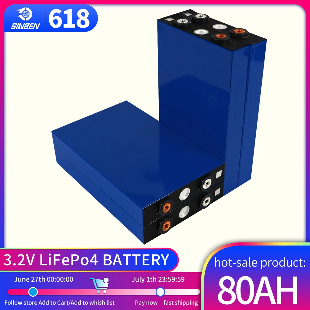 

Аккумуляторная батарея Lifepo4 3,2 в 72 Ач 80 Ач, перезаряжаемая литий-железо-фосфатная ячейка «сделай сам» 12 в 24 в 48 В для домов на колесах, фургоно...