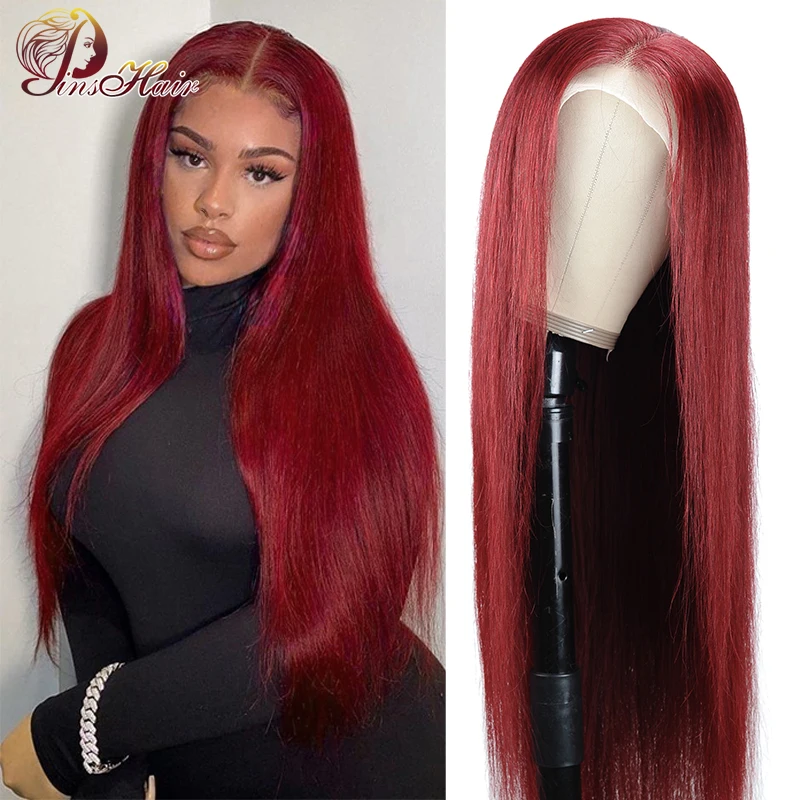 

Бордовый 99J красный 13X4 парик из человеческих волос на сетке спереди, парик из прямых человеческих волос для женщин, предварительно выщипанн...