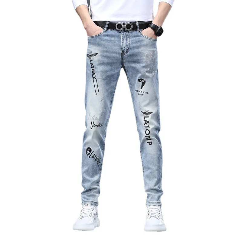 Jeans men Korean pants slim feet stretch light blue summer hot diamond printed casual denim pants men