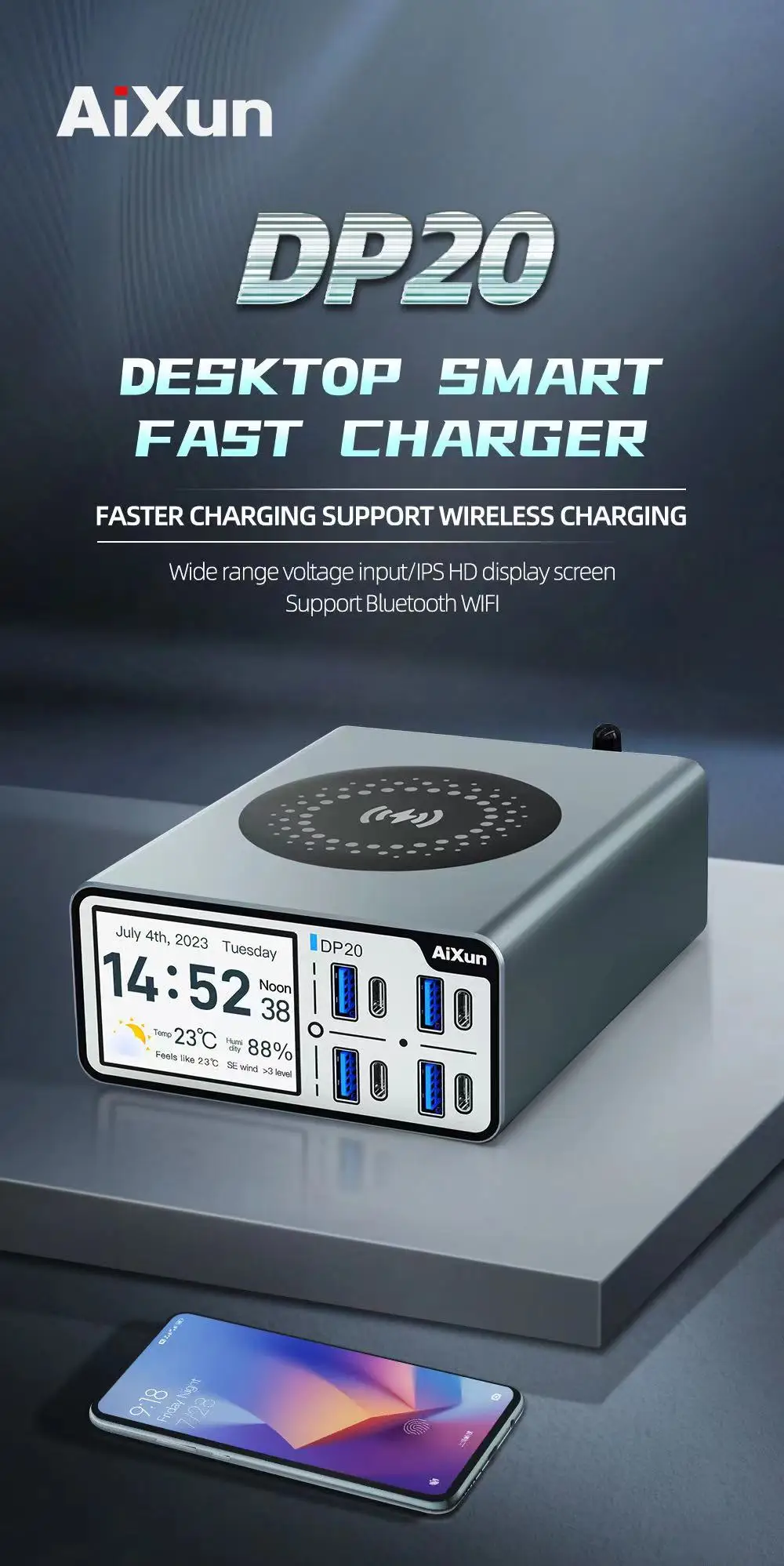 RR AIXUN DP20 USB-зарядная станция с беспроводной зарядкой кривым интерфейсом цифрового
