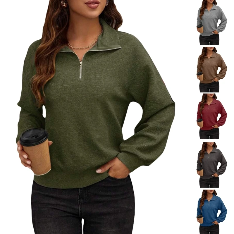 

Womens Sweaters Casual Zipper Neck Knit Tops Long Sleeve Oversized Sweatshirt Solid Color Pullover Sweater Fall Clothes