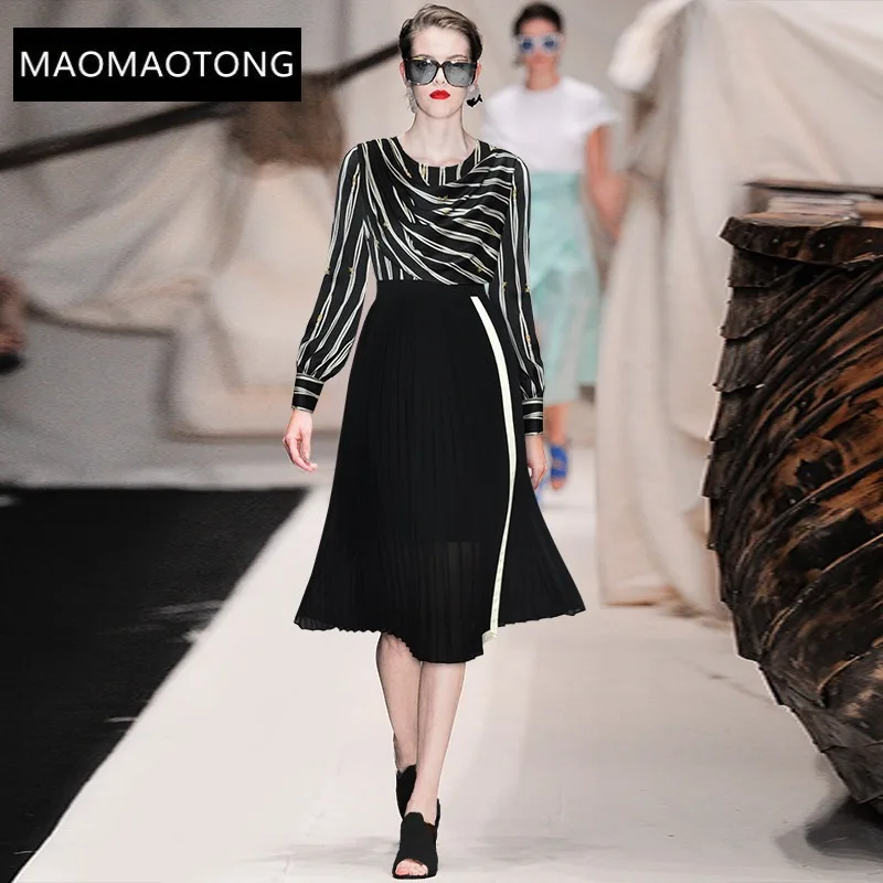 

Модное дизайнерское платье, весеннее женское платье с ворсовым воротником, элегантные плиссированные платья с длинными рукавами и принтом ...