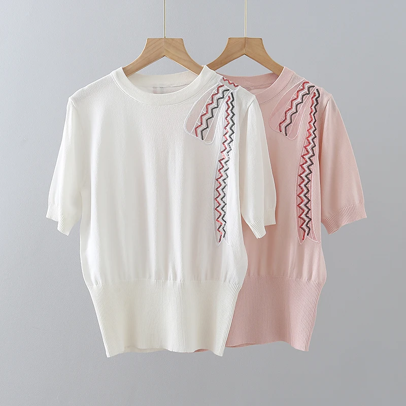 

TB knitted short-sleeved top women's loose ice silk sweet knitted sweater short T-shirt summer