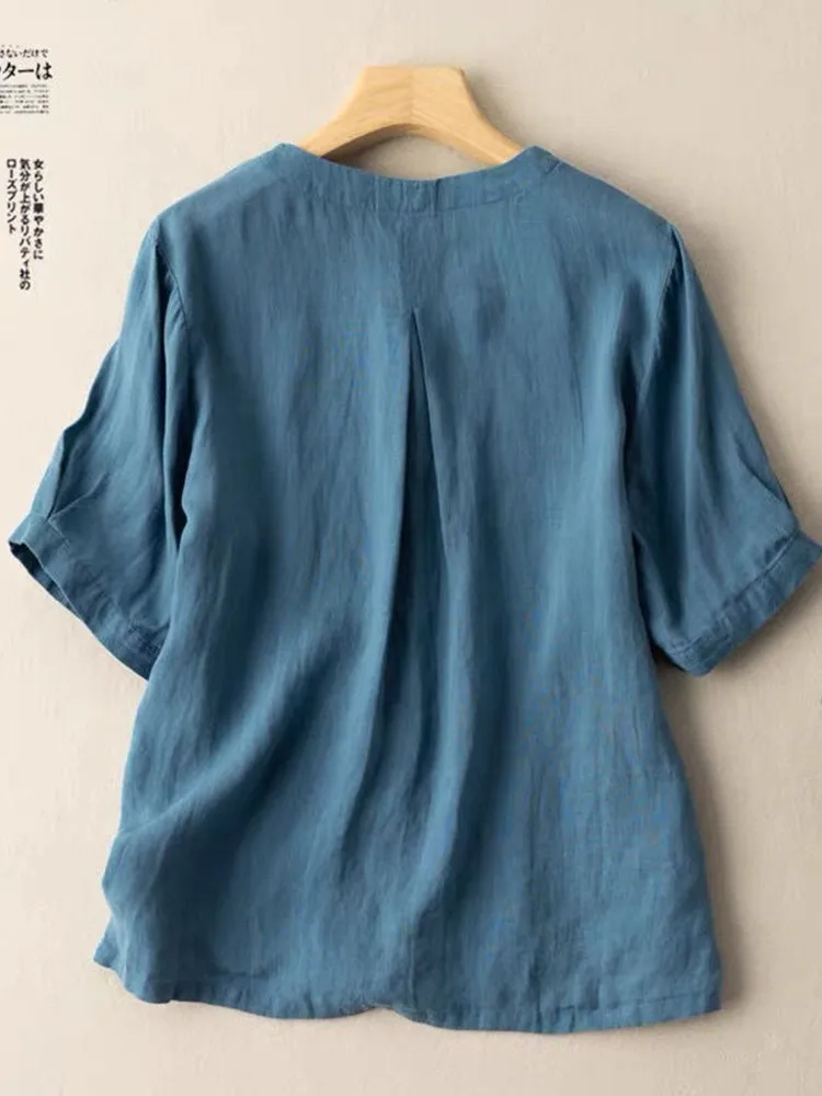 Рубашка женская хлопково-льняная с цветочной вышивкой повседневный Свободный