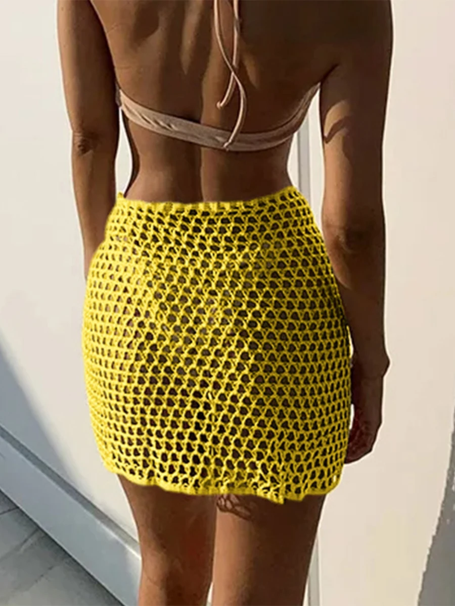 Женская пляжная юбка накидка полая однотонная летняя мини-вязаная для отдыха на