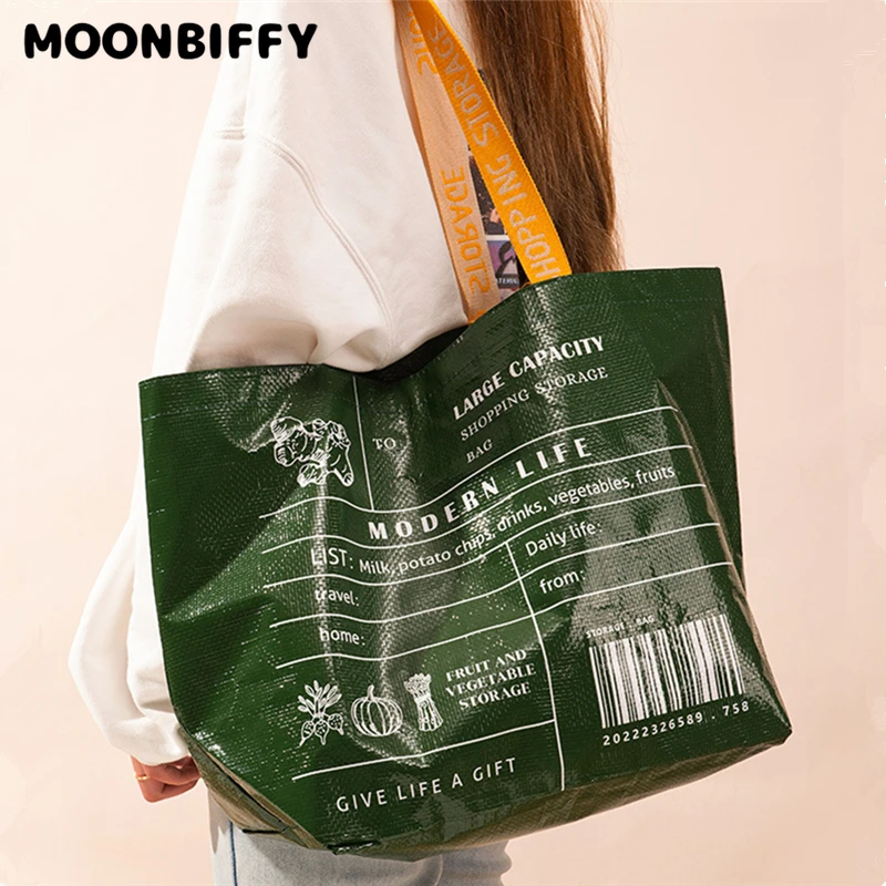 

Portable PP Woven Women's Large Shopper Shoulder Bag Foldable Eco-Friendly Grocery Storage Handbags Female Shopping Tote Bags