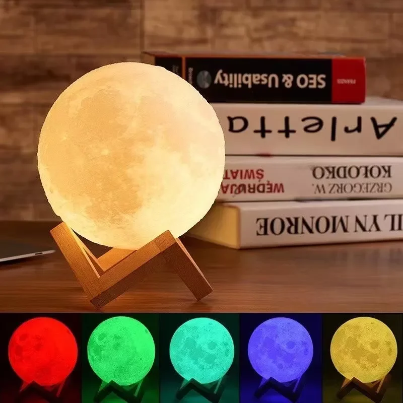 Colors LED 3D Print Moon Lamp 8CM/12CM Battery Powered With Stand Starry Lamp Night Light Kids Gift 7 Color Bedroom Decor