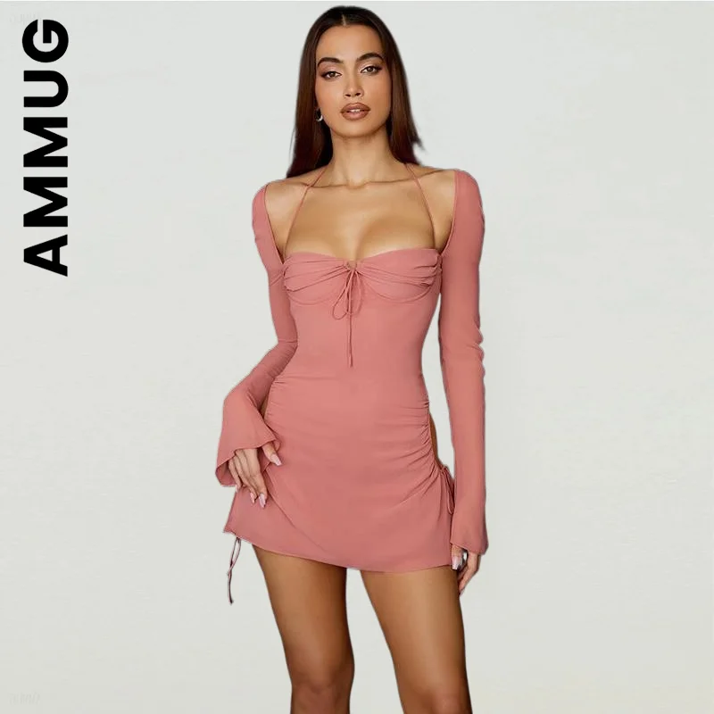 

Ammug Dress Women New Elegant Flare Long Sleeve Pink Dress Korean Lazy Dresses Harajuku Chic Female Dresses Woman Vestidos