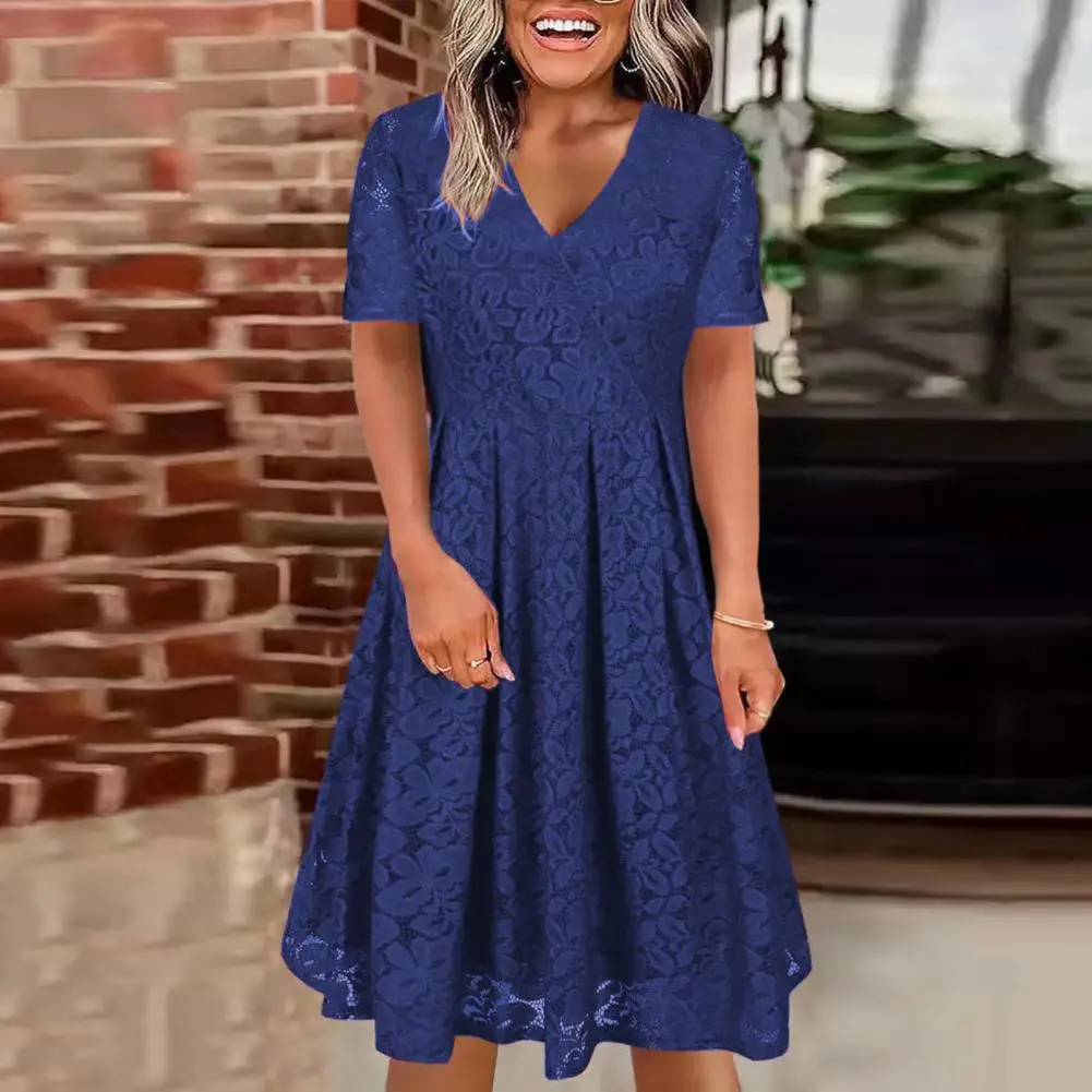 

Embroidery Lace Mini Dress Chic Summer Party Dresses Embroidered V-neck Mini Dresses with Loose Hem Waist for Women's Streetwear