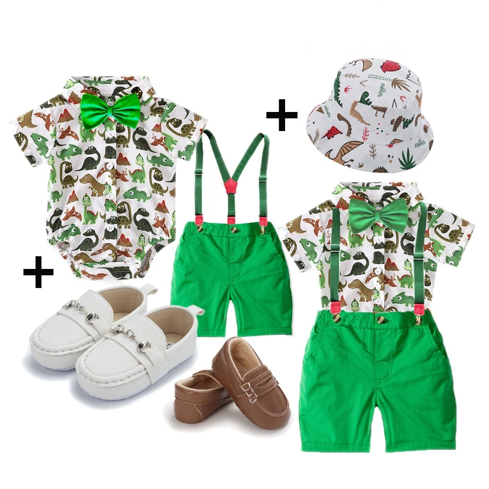 4pcs Set Baby Boy Clothes Gentleman Wedding Suit Dinosaur Them Birthday Cake Smash Outfit Romper Bodysuit with Pants Shoes Hat