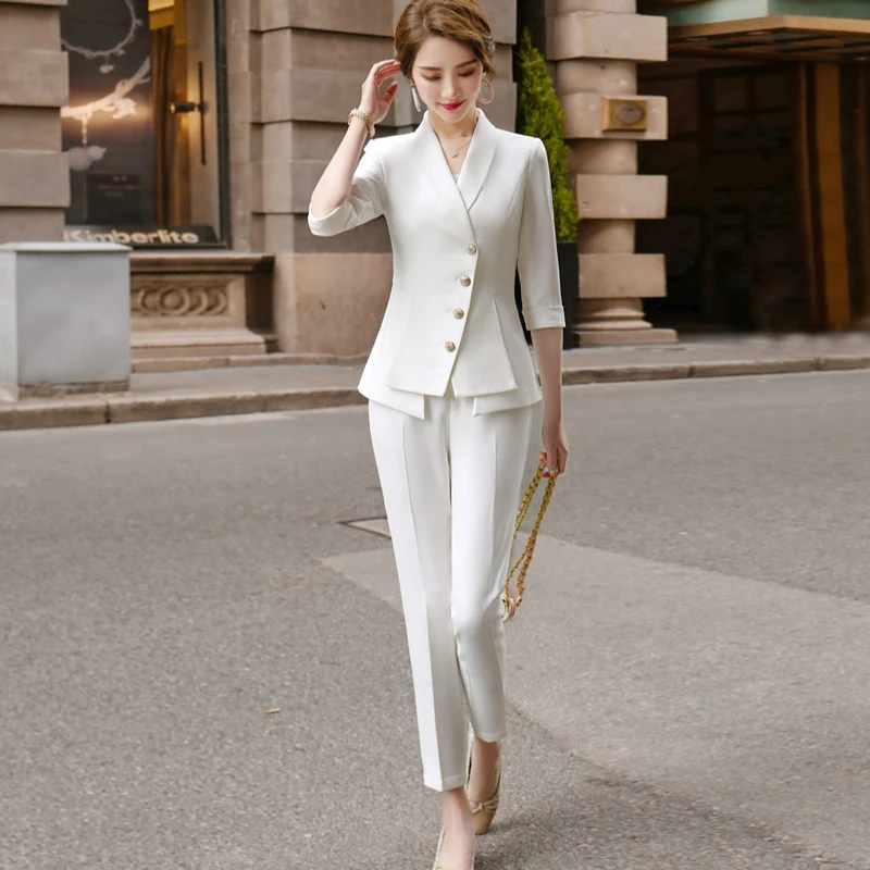 Женский Повседневный костюм из двух предметов элегантный белый пиджак и брюки