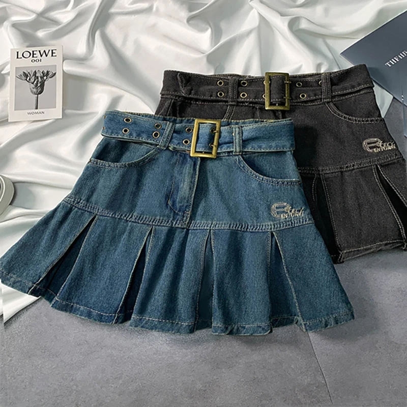 

Spring Autumn Girls Pleated Skirt Baby Denim Skirt Kids Skort Children Fashion Bottoms Letter Embroidery Waist Belt 3-14Y