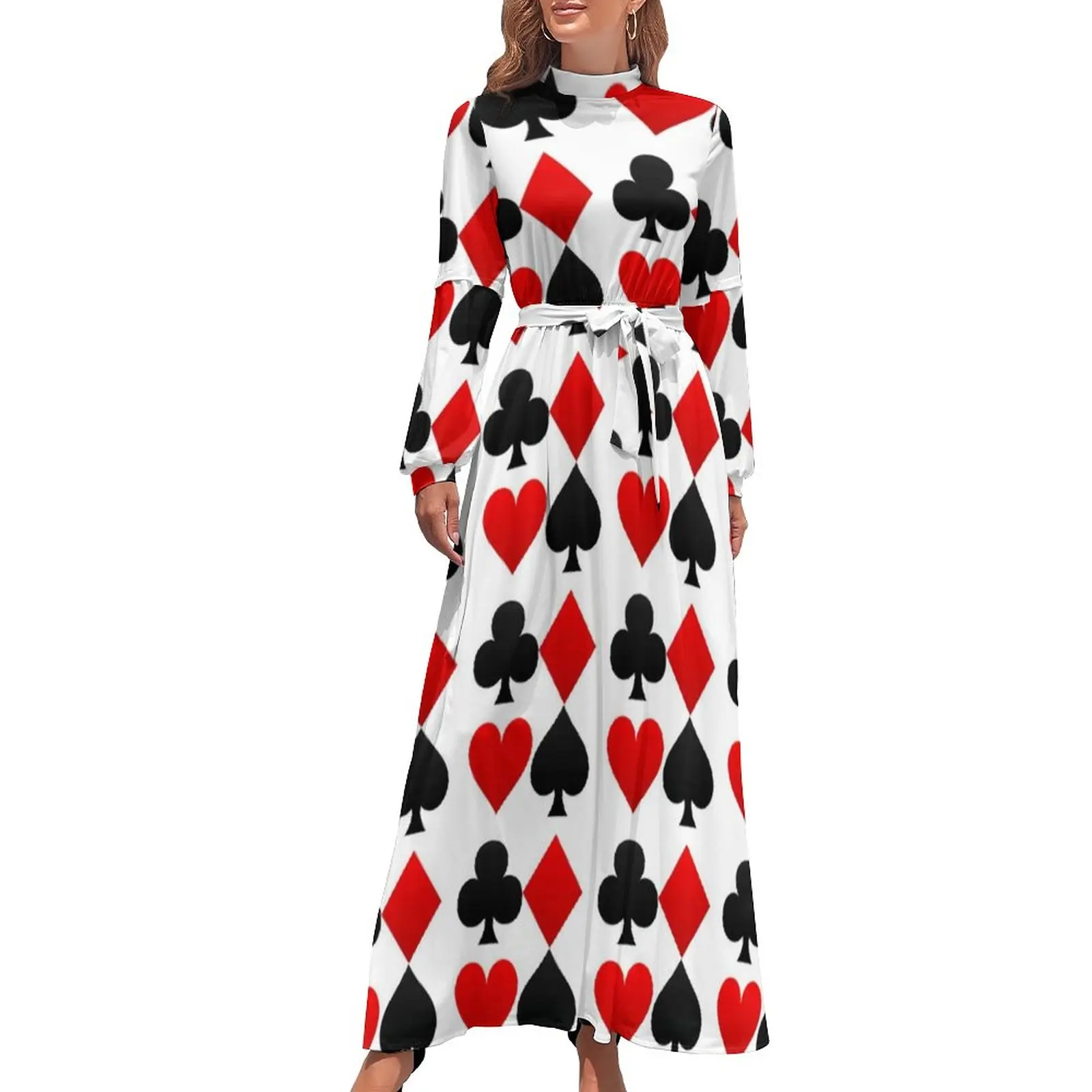 

Playing Poker Card Dress Hearts Diamonds Clubs Spades Aesthetic Bohemia Dresses Female Long-Sleeve High Neck Trendy Maxi Dress