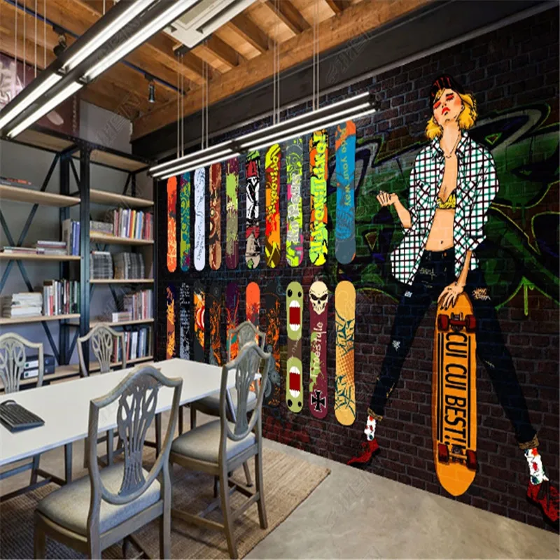 Пользовательская уличная спортивная скейтборд граффити обои промышленного декора ностальгической кирпичной стены фоновые бумаги фрески.