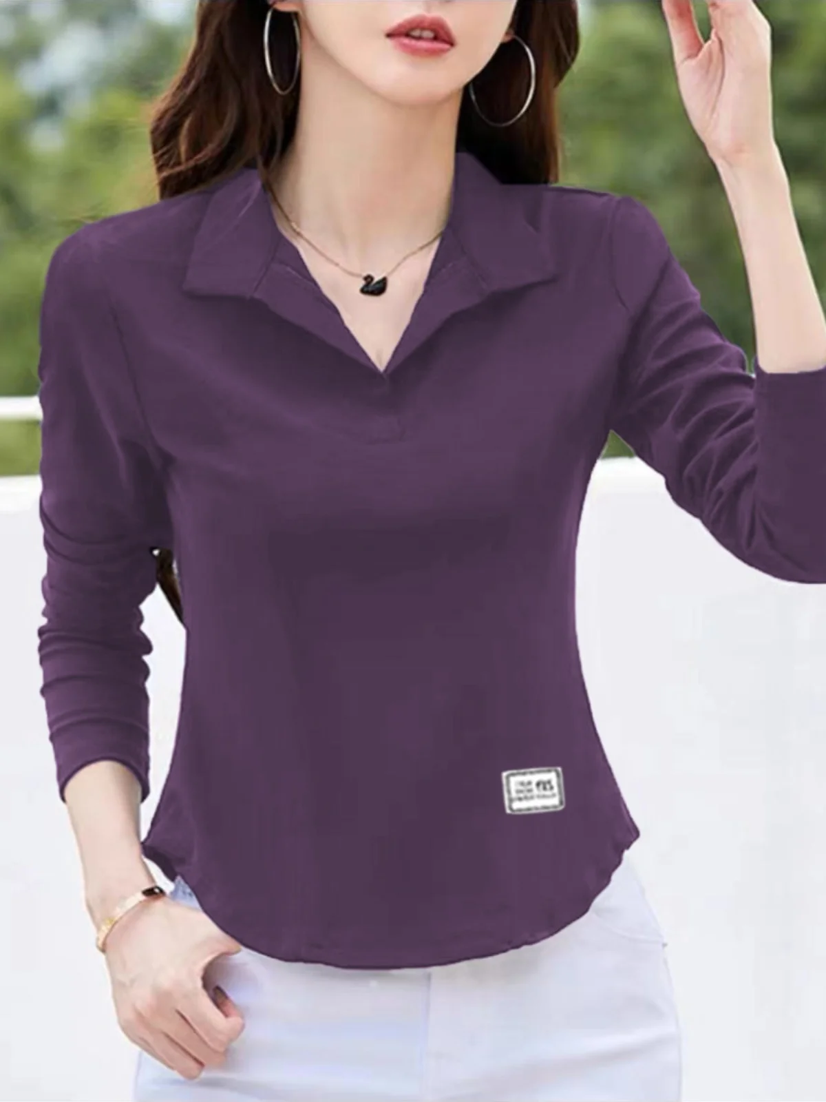 Модная рубашка из чистого хлопка с воротником-поло и длинными рукавами женская