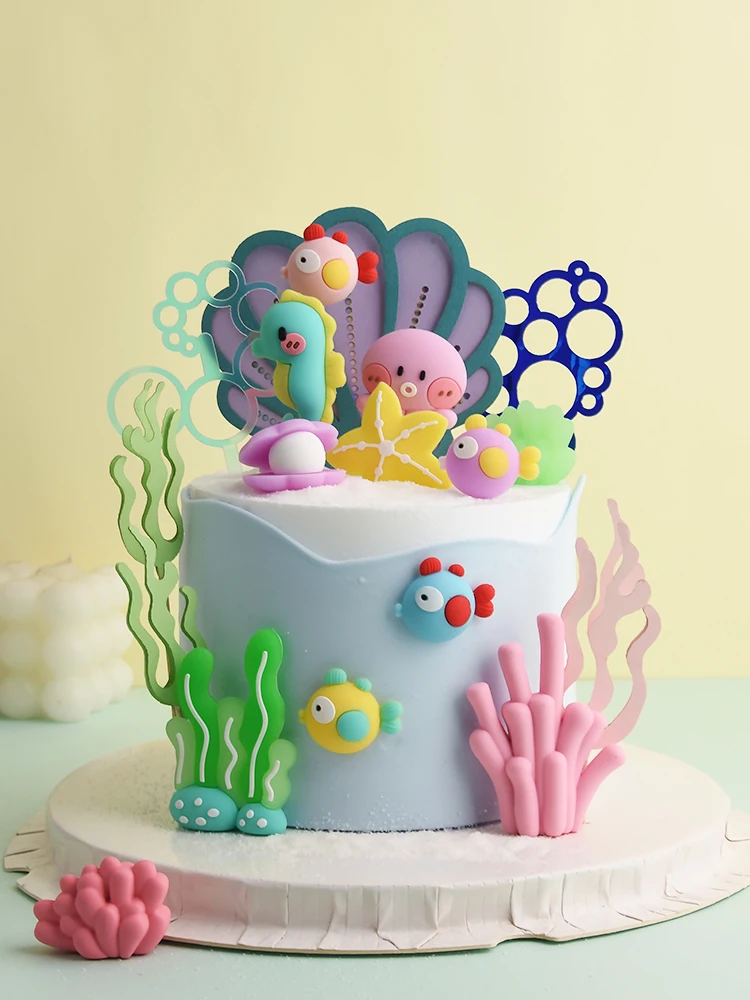

Mermaid Cake Topper Cute Coral Seagrass Seashells Ocean Theme Cake Decoration Kids Happy Birthday Baby Shower First Birthday