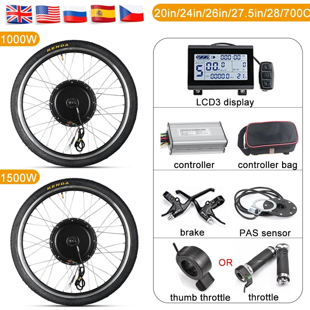 

Electric Bicycle Conversion Kit 48V 1000W 1500W Motor Wheel with Tire 20-29in Rear Hub Motor Ebike Kit BLDC Controller with LCD