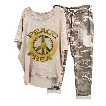 Women's Two Piece Set Baggy Peace Print Boho Tops Camouflage Pants Suit Imitation Cotton Linen Set Summer Retro Tunic Trousers 1