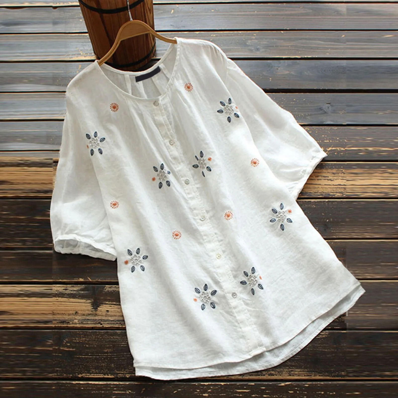 

Floral Embroidery Long Blouses Women Work Fasion Round Neck Button Half Short Sleeved Loose Tops Casual Cotton Line Blusa Camisa