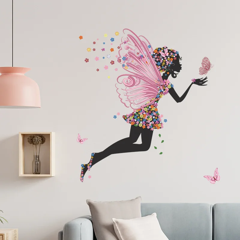 Cute Cartoon Butterfly Flower Elf Girl Flying Bedroom Porch Wall Background Decorative Wall Sticker Self Adhesive Wallpaper