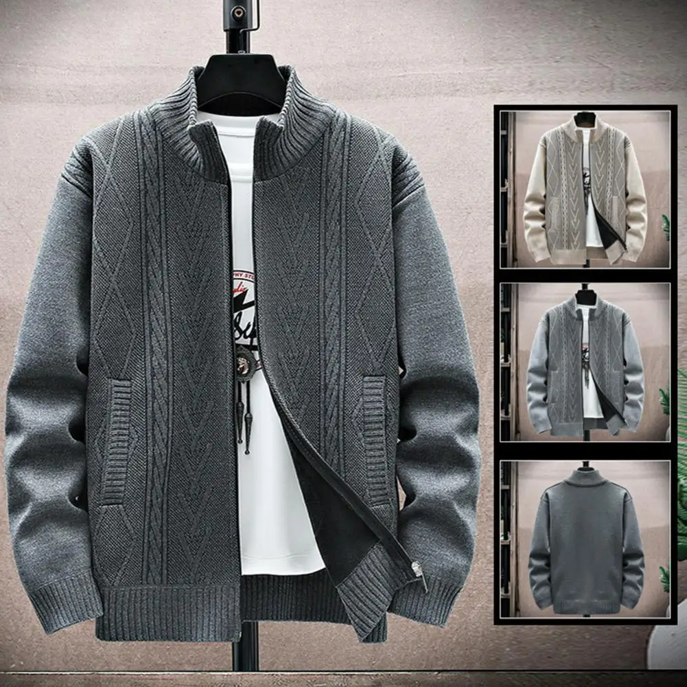 

Solid Color Cardigan Coat Stylish Men's Knitted Cardigan Coat Warm Zip-up Pockets for Fall Winter Fashion Geometric Pattern