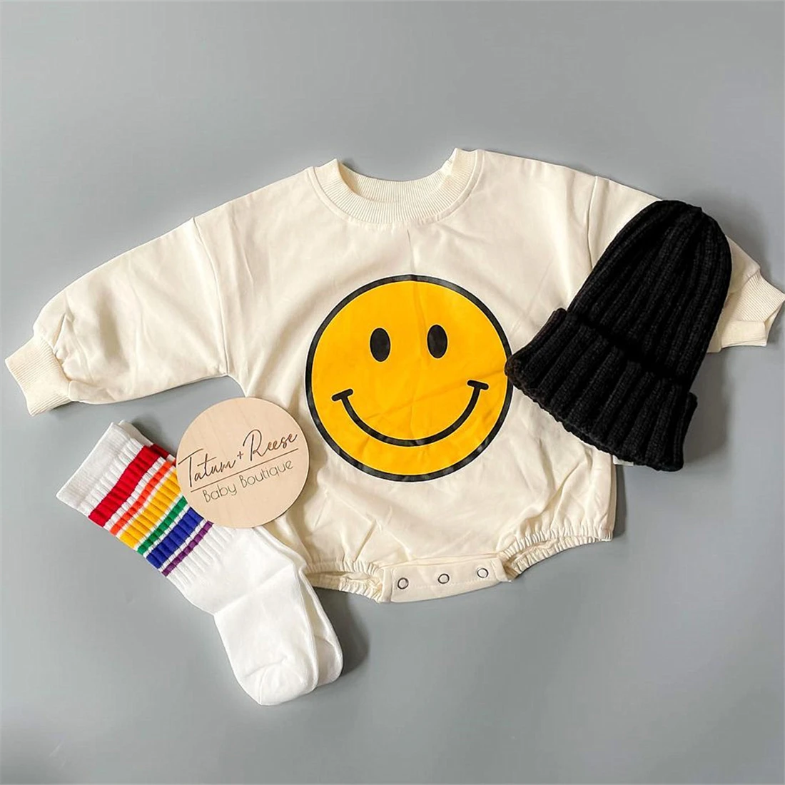 

2023 Cute Infant Baby Boy Girl Romper Cartoon Smile Print Round Neck Long Sleeve Playsuit Autumn Cotton Infant Girl Clothing