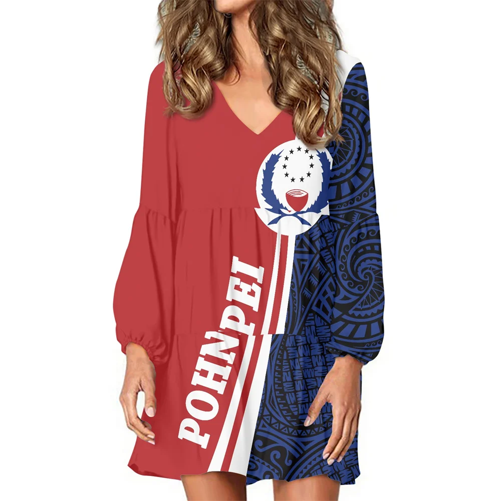 

Casual Vacation Polynesian Tribal Clothing Pohnpei Logo Red and Blue Strip Print Custom Long Sleeves Ladies Long A Line Dresses