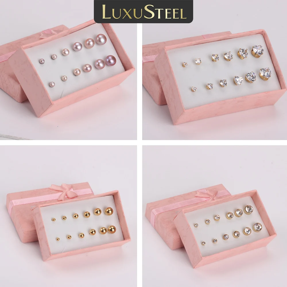 Фото LUXUSTEEL 3-8 мм, 6 пар/кор., серьги-гвоздики из нержавеющей стали, кубический циркон, розовое золото, круглый шарик, ушные серьги, ювелирные изделия, подарок для женщин №1