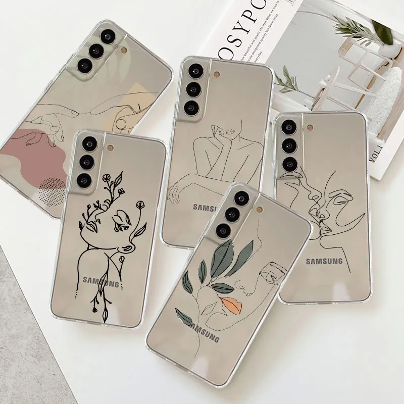 

Clear Silicone Case For Samsung Galaxy S23 S22 S21 FE S20 Ultra Plus S10 S9 Note 20 10 9 fundas Cover Fashion Woman Line Face