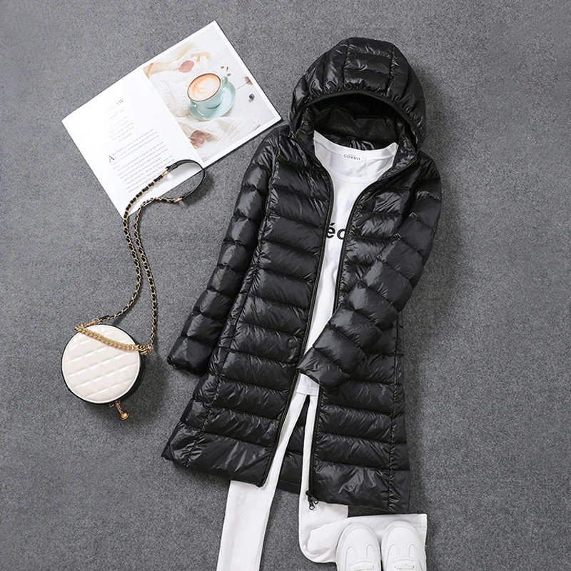 Winter Warm Womens Down Jackets Ultra Light Thin Casual Coat Quilted Jacket Slim Long Coat Removable Hooded Parka