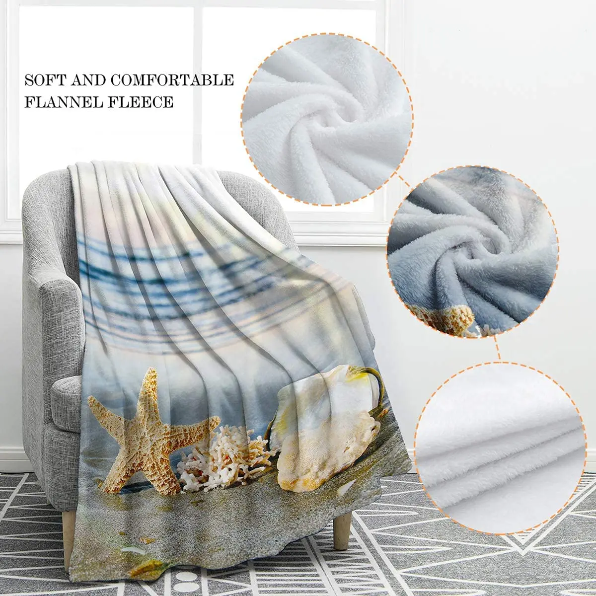 Одеяло с морскими звездами мягкое удобное уютное покрывало для дивана стула