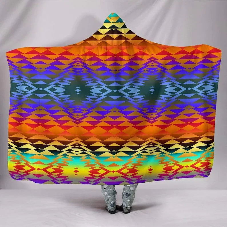 

Hooded Blanket, Taos Sunset, Chevron Ziz Zag, Abstract Aztech, Fold Tribal, Retro Geometric, Rave Festival, Colorful Throw