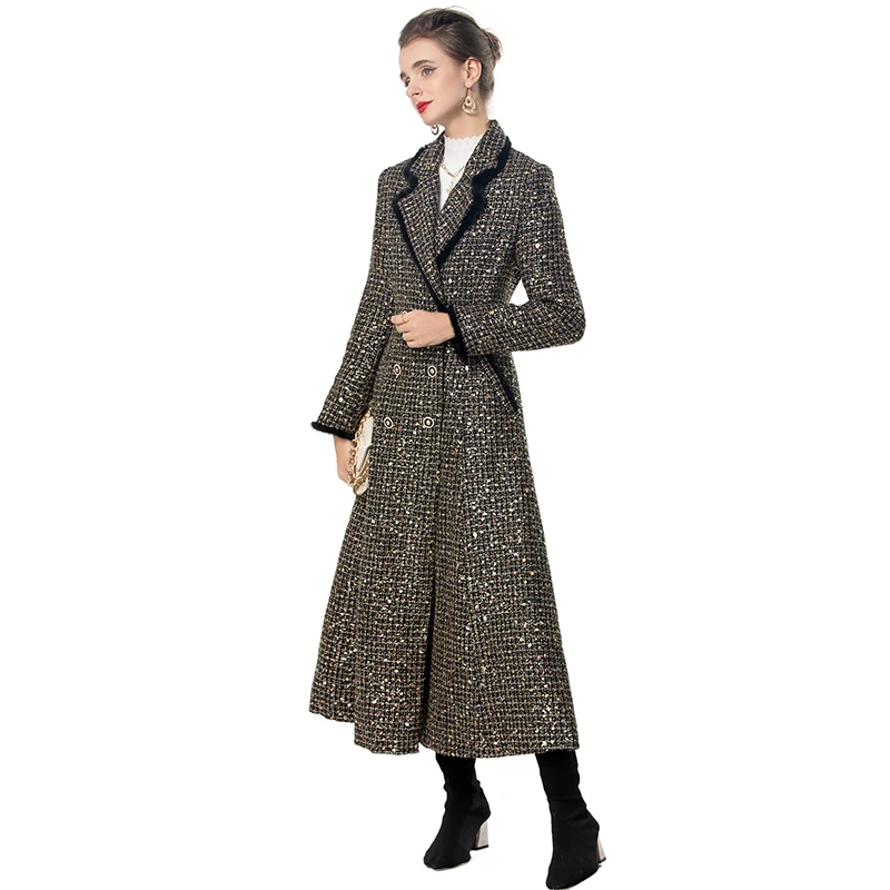 DLDENGHAN двубортное твидовое пальто в клетку с блестками для женщин отложным