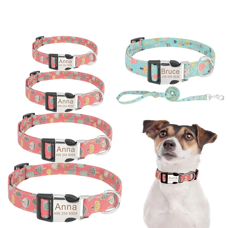 

Customized Dog Collar with Leashes Cute Cartoon DIY Name & Phone Number Engraved Metal Buckle for Small Medium Large Dogs Walk