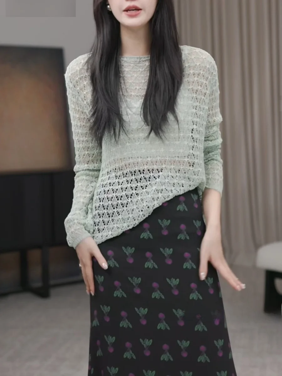 Женская зеленая вязаная рубашка 2024 летняя повседневная модная элегантная с