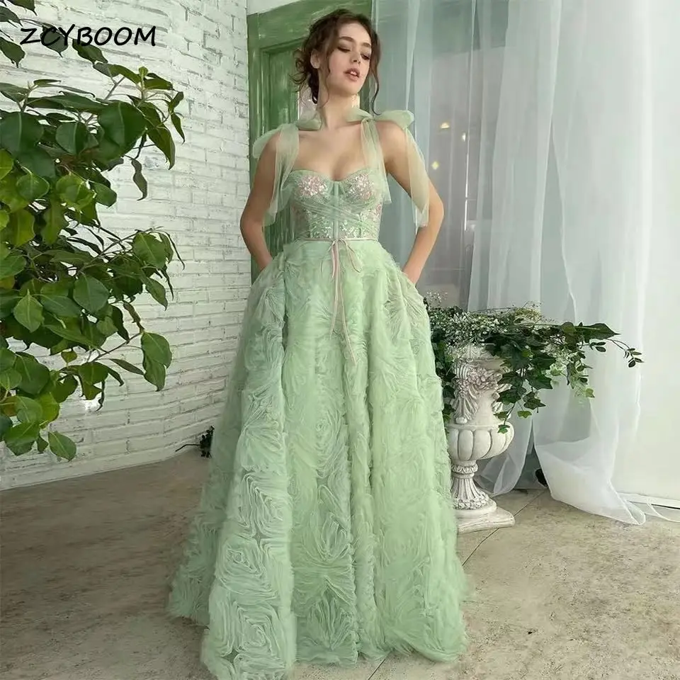 

Elegant Green Tiered Tulle Long Prom Dresses 2022 Embroidery Beading Bow Straps Sweetheart Pleat Ruched Ruffles Evening Gowns