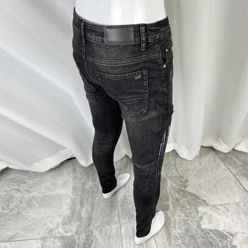 Street Fashion Men Jeans Retro Black Gray Stretch Elastic Slim Fit Ripped Jeans Men Printed Designer Hip Hop Brand Pants Hombre