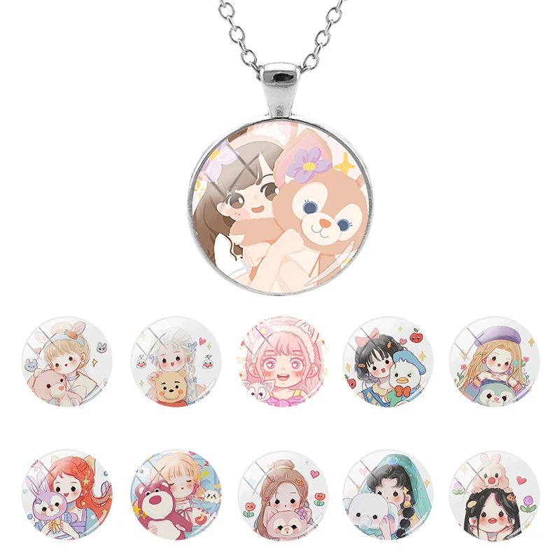 

Disney Cute Girls Pink Fox LinaBell Glass Dome Chain Pendant Necklace Cabochon Sweater Decoration Jewelry Gifts Wholesale QGZ369