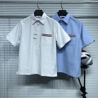 tb thom mens regular fit short sleeve pocket oxford shirt with striped summer fashion brand casual cotton slim fit shirts