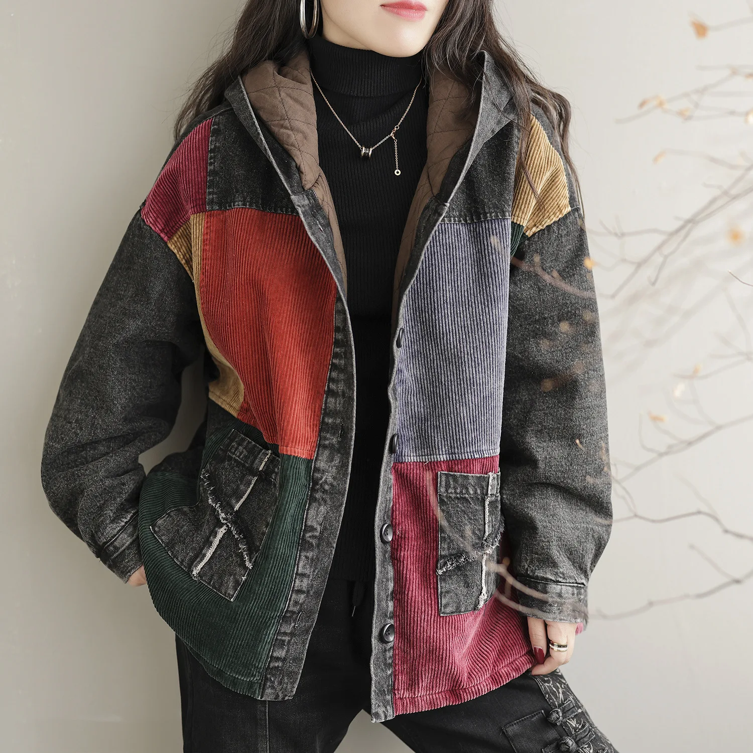 

SuperAen 2022 Corduroy Coat New Winter Hooded Blouse Stitching Loose Vintage Women's Thicken Jacket Coat