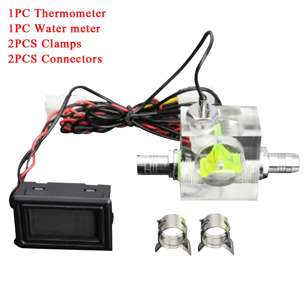 

LED Thermometer Durable 2 Clamps Combination Water Cooling System 5-24V 2 Connectors Easy Install Digital Display Flow Meter