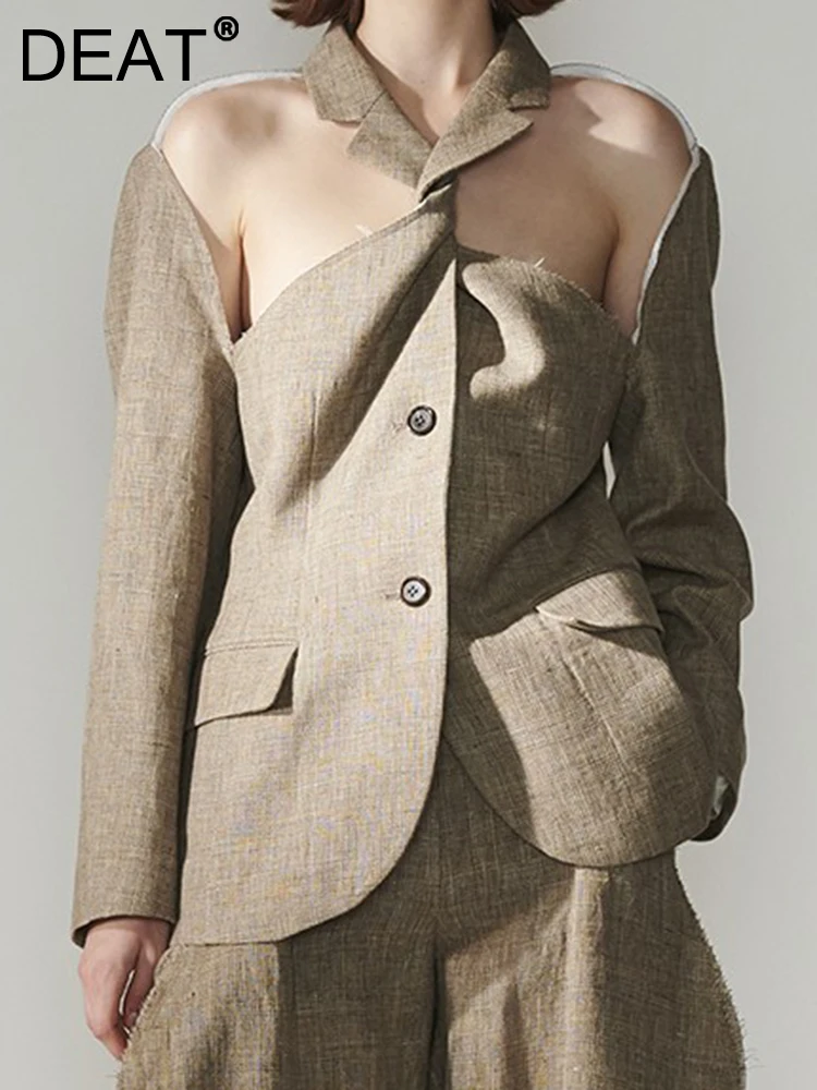 

DEAT Fashion Women's Blazer Cross Collar Hollow Out Single Breasted Zipper Off Shoulder Suit Jackets Spring 2023 New 1DF2584