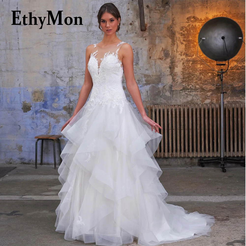 

Ethymon Tank Scoop Tiered Attractive Wedding Dresses For Bride Sleeveless Tulle Robe De Soirée De Mariage Customised Appliques